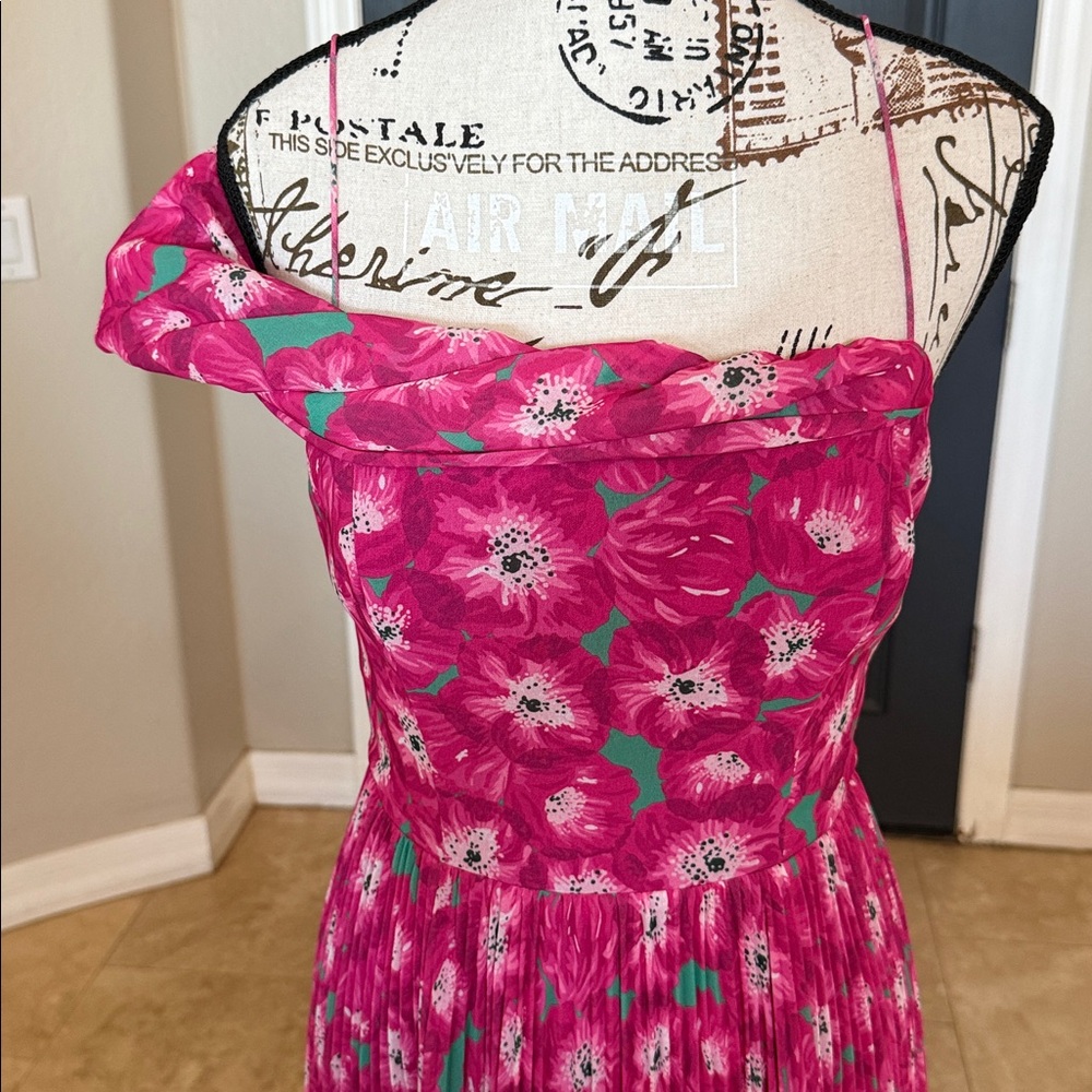 AMUR NWT Raspberry Floral One Shoulder Pleated Maxi Gown Wedding Guest Dress - Picture 2 of 10